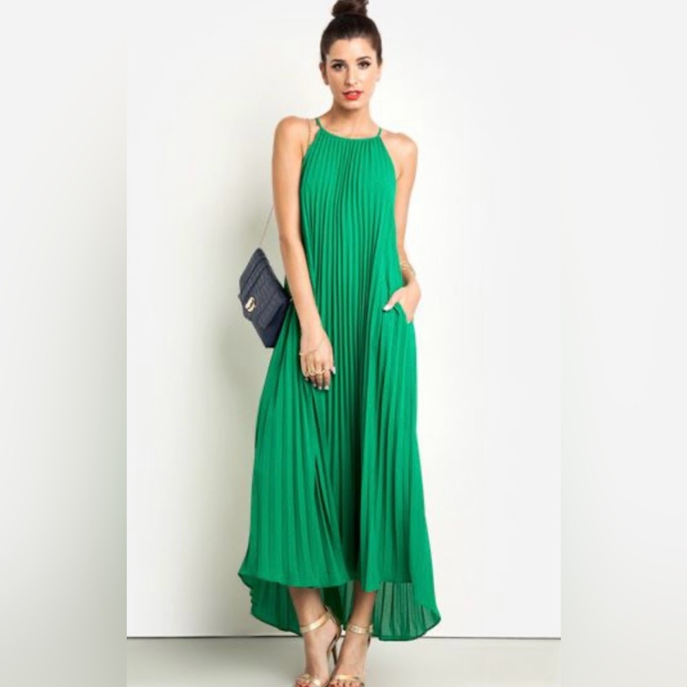 Line & Dot Pleated Green Maxi Dress